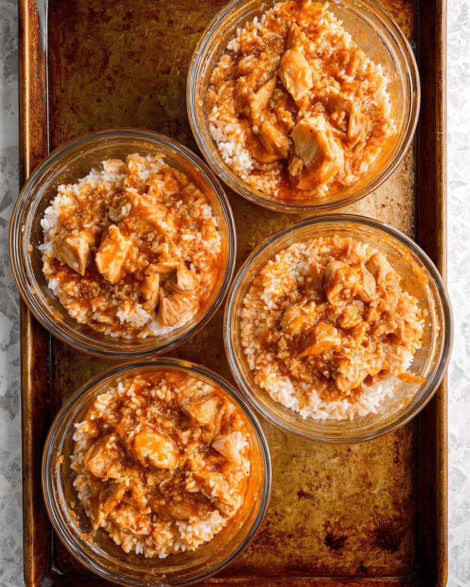 Four clear glass bowls are filled with a mix of white rice and pieces of light brown chicken, all covered in a reddish-orange sauce that looks slightly thick. Each bowl shows uneven layers of rice and chicken, with sauce spread unevenly over the top and mixed inside. The bowls are placed close together on a well-used, textured baking tray. The surface beneath is a white marbled texture. photo taken with an iphone --ar 4:5 --v 7