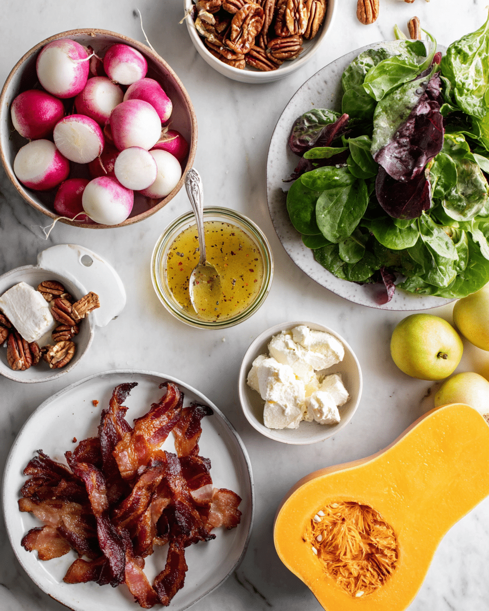 The image shows several white bowls and plates on a white marbled surface, each containing different food items. One white bowl holds a mix of small radishes in red, purple, and white colors. Another white bowl has toasted pecans with a dark brown, wrinkled texture. There is a white plate with several pieces of crispy cooked bacon, showing dark and reddish-brown shades. A white plate contains a soft, crumbly white cheese. A small glass jar in the center holds a golden-yellow dressing with small seasoning specks and a silver spoon inside. A larger white plate in the top right corner is filled with fresh green and deep purple leafy greens. Near the jar, half a butternut squash with bright orange flesh and visible seeds lays directly on the white marbled surface. Two green apples with shiny skins sit near the squash. A white citrus juicer and two lemon halves with bright yellow color also appear on the surface. The photo taken with an iphone --ar 4:5 --v 7