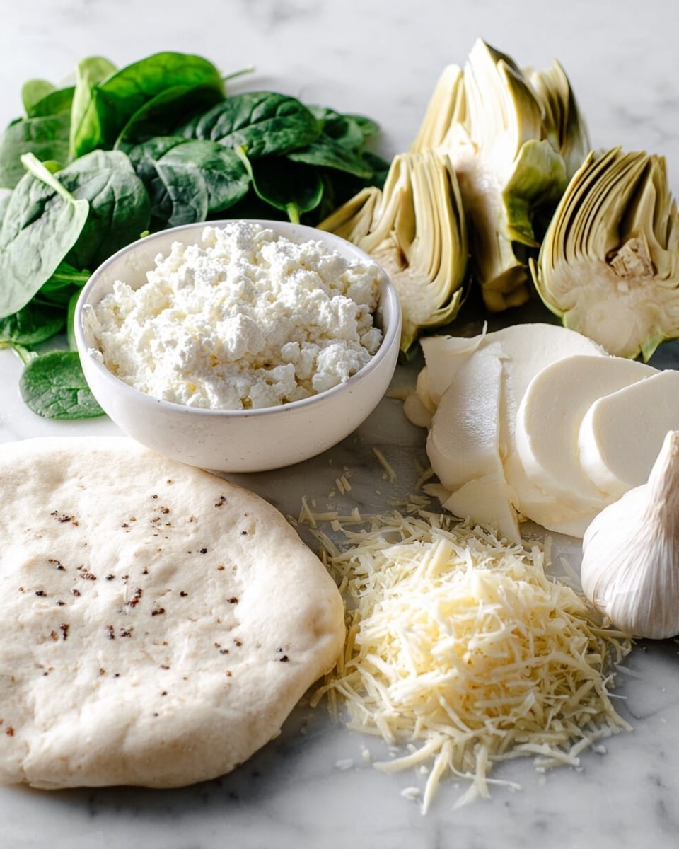 A collection of fresh ingredients arranged on a white marbled surface, including a white bowl filled with soft, grainy white ricotta cheese on the left, a pile of bright green spinach leaves just behind it, and several pale yellow artichoke hearts stacked nearby. In front, there is a round, light beige dough with small dark specks visible throughout. Towards the right, there are thick white mozzarella slices placed next to a small mound of finely shredded pale yellow cheese and a whole garlic bulb with a slightly browned top. Photo taken with an iphone --ar 4:5 --v 7