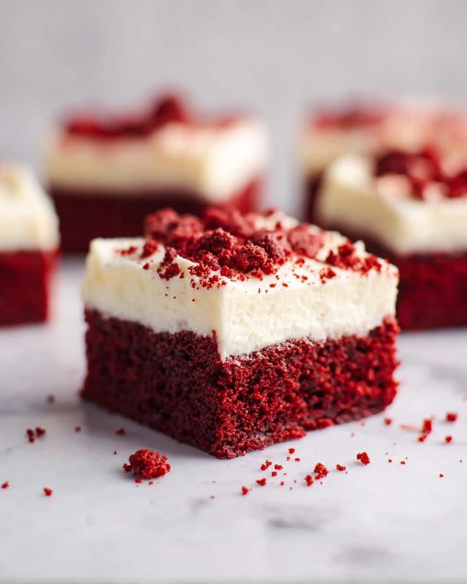 This image shows a square piece of cake with two layers. The bottom layer is thick, dark red, and soft textured, while the top layer is a thinner, creamy white frosting with a smooth texture, spread evenly. The frosting is decorated with small chunks of dark red cake crumbs scattered on top and around the cake. The cake sits on a white marbled surface with soft lighting and a blurred background where more similar pieces of cake are visible. photo taken with an iphone --ar 4:5 --v 7