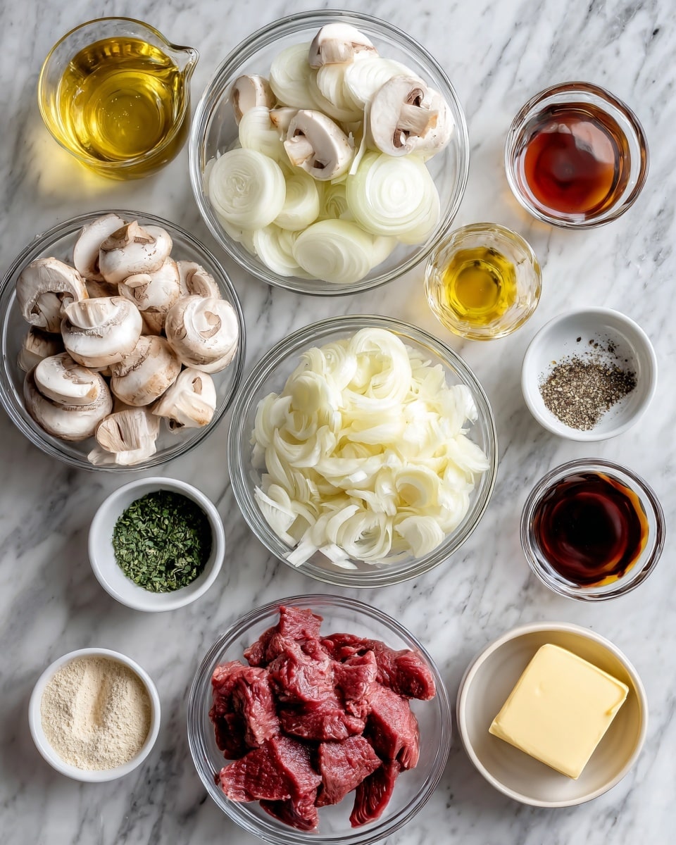 The image shows different ingredients placed neatly on a white marbled surface. There are clear bowls with layers of sliced white onions, halved white mushrooms, and raw red chunks of meat, each in separate bowls. Small white dishes contain green herbs, black pepper, salt, minced garlic, and a thick light sauce. There is a glass container with golden-yellow oil, a small dish with a light yellow block of butter, and a glass container with a reddish liquid. Additionally, there is a bowl with a light beige powder and a glass of dark red liquid. Each ingredient is distinct in color and texture, arranged in a neat pattern. Photo taken with an iphone --ar 4:5 --v 7