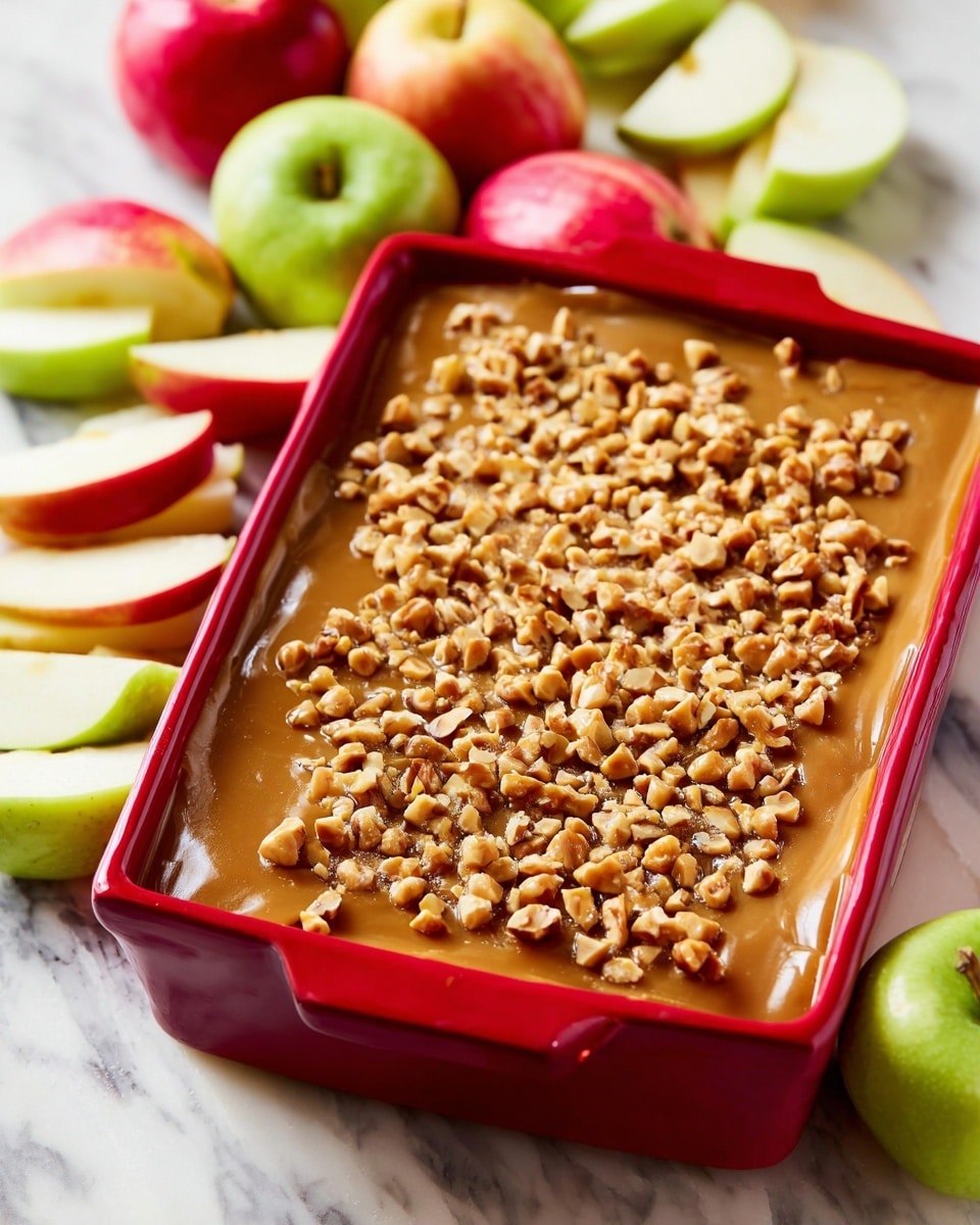 A red rectangular dish filled with a smooth, thick caramel layer spread evenly inside, topped generously with small, light brown crunchy nut pieces covering the entire surface. Around the dish, there are slices of green and red apples arranged casually on a white marbled surface. The colors of the apples show a mix of greens and reds with white flesh inside, creating a fresh and appetizing look. Photo taken with an iphone --ar 4:5 --v 7