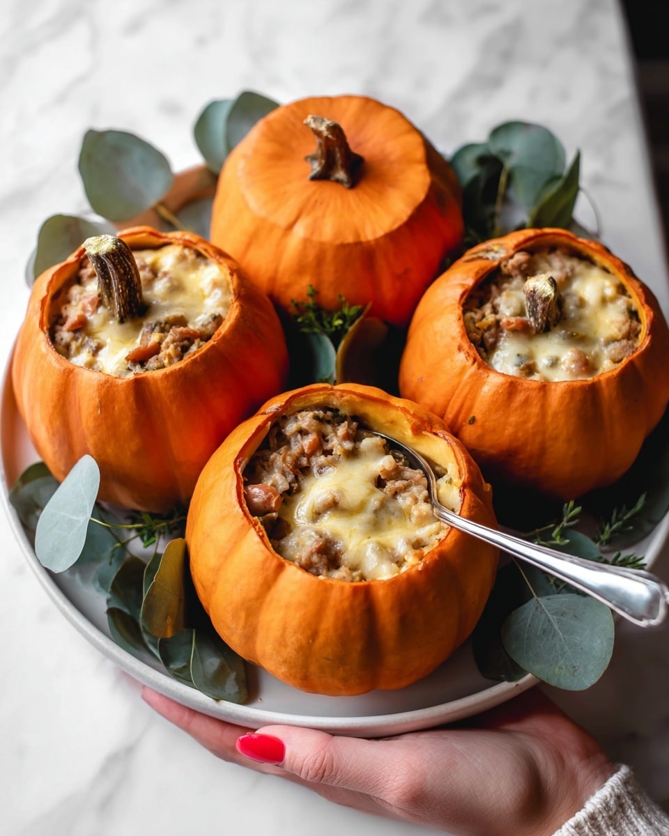 The image shows four medium-sized orange pumpkins hollowed out and filled with a creamy stuffing made from small bits of vegetables and meat mixed with melted cheese that slightly drips over the edges. Each pumpkin has its top lid removed and placed beside or just on top of it, revealing the stuffing inside. The pumpkins are arranged closely together on a white plate, which is decorated with green eucalyptus leaves around the edges. A woman's hand with red nail polish is holding the plate from below, and one pumpkin has a metal spoon inside the filling. The background is a white marbled texture. Photo taken with an iphone --ar 4:5 --v 7