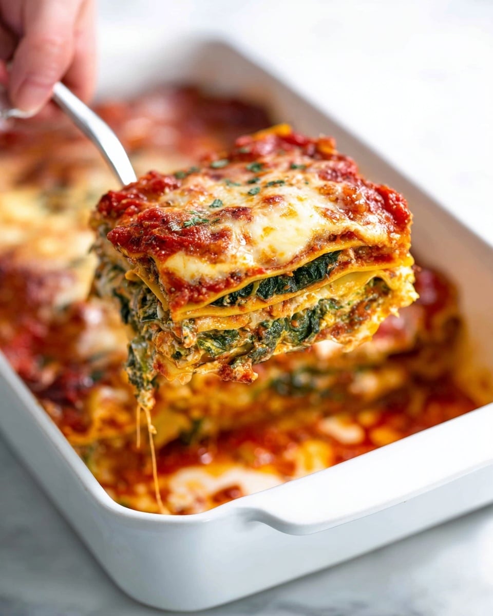A white baking dish holds a layered lasagna slice being lifted by a spoon held by a woman's hand. The lasagna has five visible layers: the top layer is golden melted cheese with a slight shine, underneath is a thick red tomato sauce with a textured look, followed by a green spinach layer with a leafy texture, then another layer of pasta sheet showing an orange-yellow color, and at the bottom there is another layer of rich tomato sauce mixed with cheese and spinach. The dish sits on a white marbled surface. Photo taken with an iphone --ar 4:5 --v 7