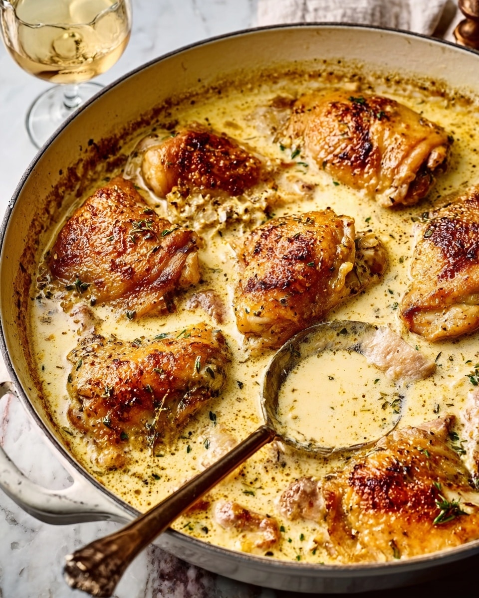 The image shows a close-up of a white pan filled with several pieces of golden-brown cooked chicken on top, sitting in a creamy white sauce with specks of herbs and seasoning. The chicken pieces have crispy browned skin with a slightly rough texture, and the sauce looks smooth and thick, covering the bottom and sides of the pan. A spoon is resting inside the pan, partially dipped in the sauce, and a woman's hand is holding the spoon’s handle. The background features a white marbled texture with a glass of light-colored drink slightly out of focus. Photo taken with an iphone --ar 4:5 --v 7