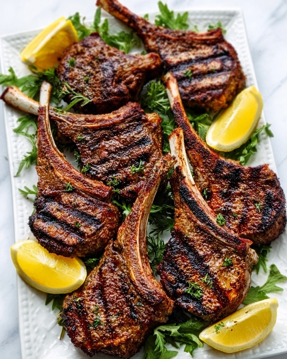 The image shows six grilled meat chops arranged on a rectangular white plate. Each chop has a deep brown color with char marks and a slightly rough texture from the grill. The bones stick out from one side of the chops. The plate is garnished with green leafy herbs underneath and around the meat, adding a fresh touch. Four bright yellow lemon wedges are placed among the chops, giving a contrast of color. The background is a white marbled surface. Photo taken with an iphone --ar 4:5 --v 7