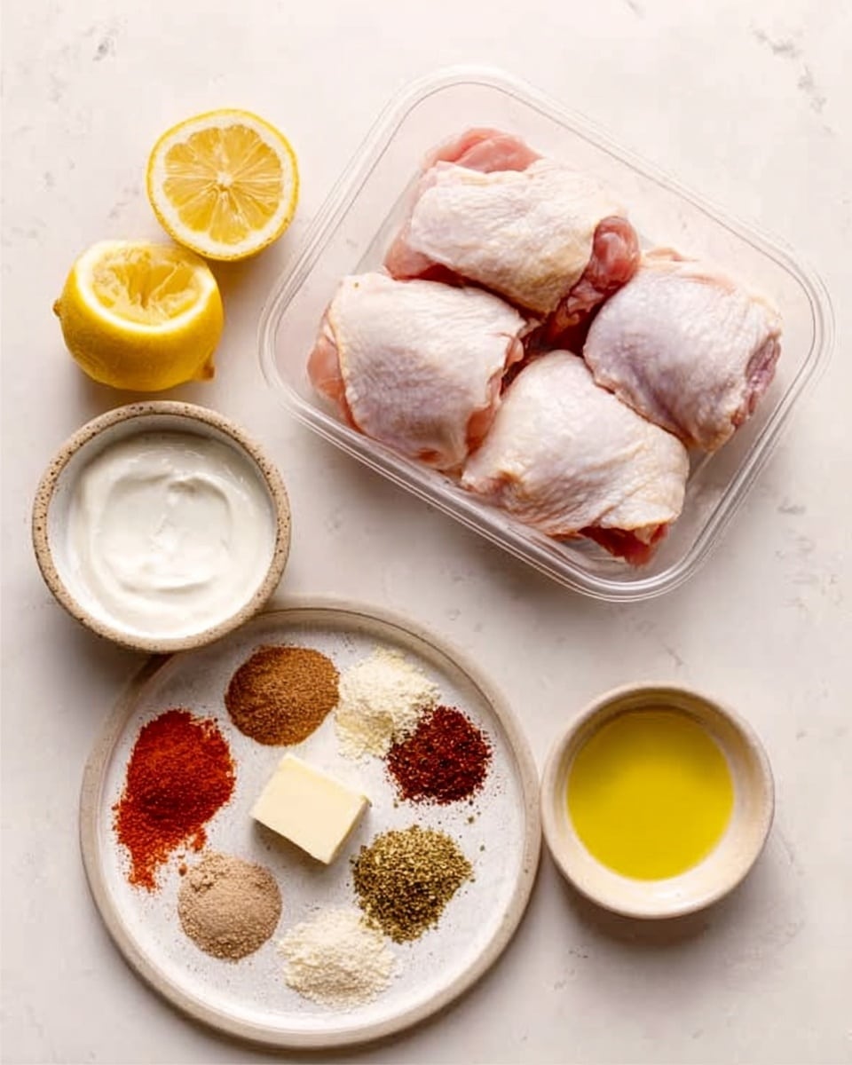 The image shows a white marbled surface with a clear plastic tray containing six pieces of raw chicken thighs arranged neatly. To the top left, there is a half lemon with its inside facing up. On the right side, a white plate holds several colorful spices in separate small piles, including red, brown, beige, and white powders, along with a small pat of butter in the center. Below this plate, there is a small bowl filled with white yogurt, and next to it, a small bowl with yellow liquid, likely oil. The layers and colors create a clean and organized look. photo taken with an iphone --ar 4:5 --v 7