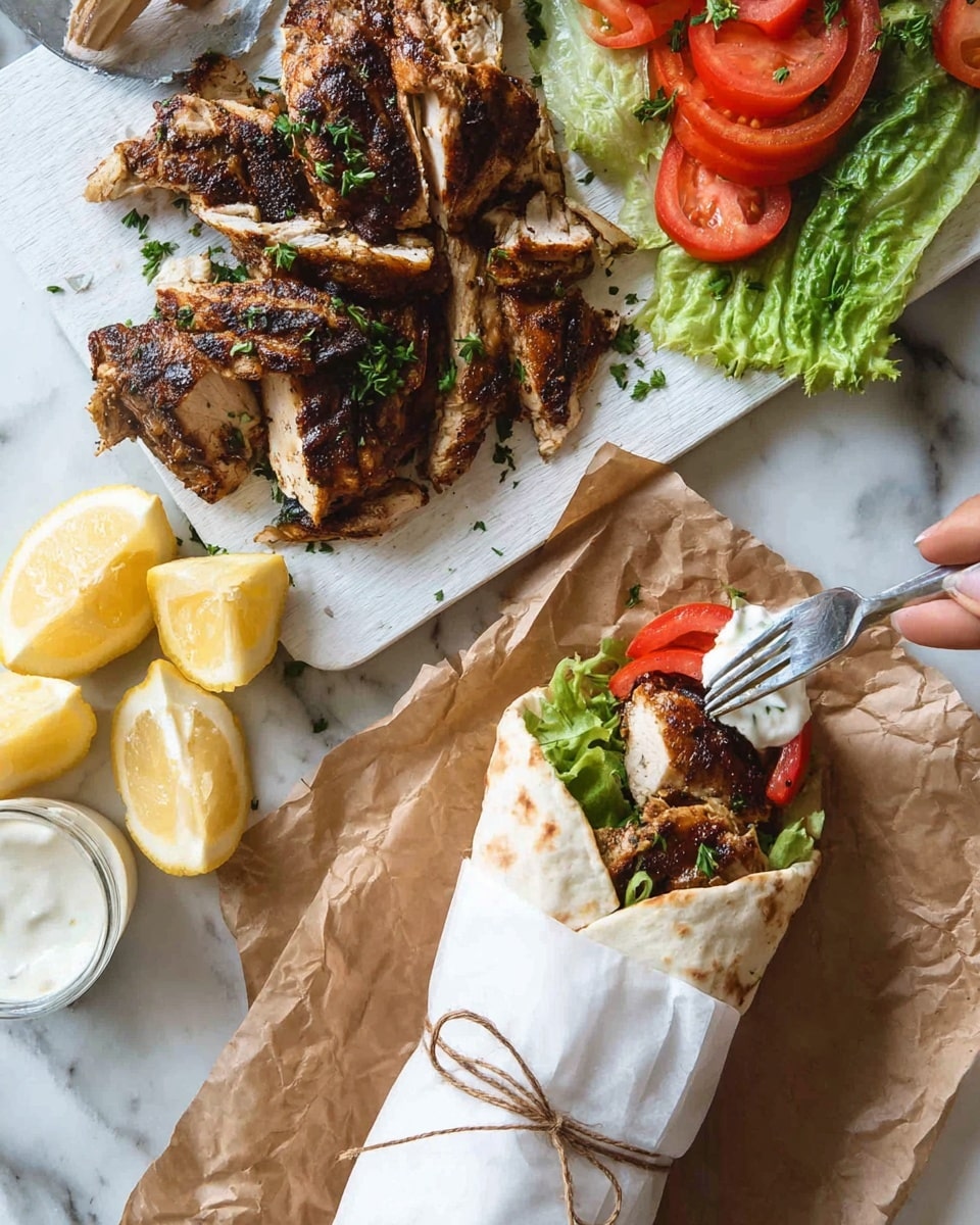 The image shows a grilled chicken wrap on the right side, wrapped in white flatbread folded around several layers: green lettuce leaves at the bottom, bright red tomato slices in the middle, grilled chicken pieces with a dark brown char on top, and a touch of white sauce inside. The wrap is partly wrapped in white paper tied with brown string and resting on crumpled brown parchment paper over a white marbled surface. On the left side, there is a white wooden board with thick grilled chicken slices, showing a golden-brown exterior and juicy light interior, garnished with chopped green herbs. Next to the cutting board are fresh red tomato slices and more green lettuce. At the bottom left corner, three yellow lemon wedges and a small clear container with white sauce sit on the white marbled surface. A woman's hand holds a fork picking up a piece of chicken on the board. Photo taken with an iphone --ar 4:5 --v 7