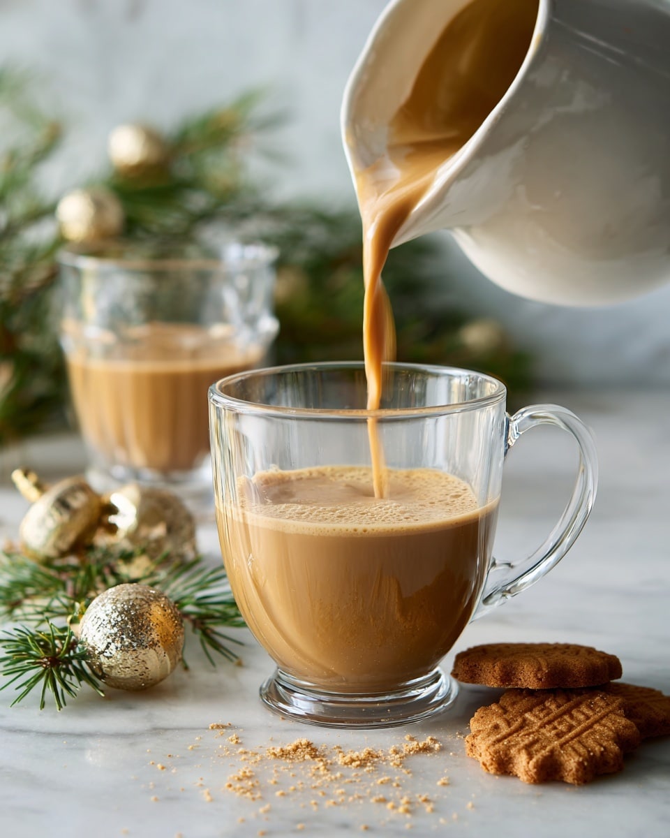 A clear glass cup is shown being filled with a smooth, light brown drink from a white pitcher slightly tilted above it. Behind this cup is a similar clear glass cup already filled with the same drink. The scene is set on a white marbled surface sprinkled lightly with crumbs and with two brown Lotus biscuits placed near the bottom right. Small green pine branches with shiny gold ornaments are placed on the left side, adding a festive feel. The drink has a creamy texture and flows smoothly into the cup. photo taken with an iphone --ar 4:5 --v 7