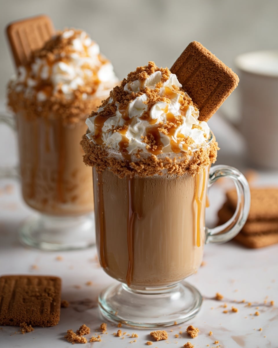 Two clear glass mugs filled with light brown creamy drink sitting on a white marbled surface. Each mug has a thick layer of white whipped cream on top, sprinkled with crumbled brown cookie bits and drizzled with caramel sauce. A rectangular brown cookie is placed upright in the cream of each mug. The background is softly blurred with another mug visible behind the first. Photo taken with an iphone --ar 4:5 --v 7
