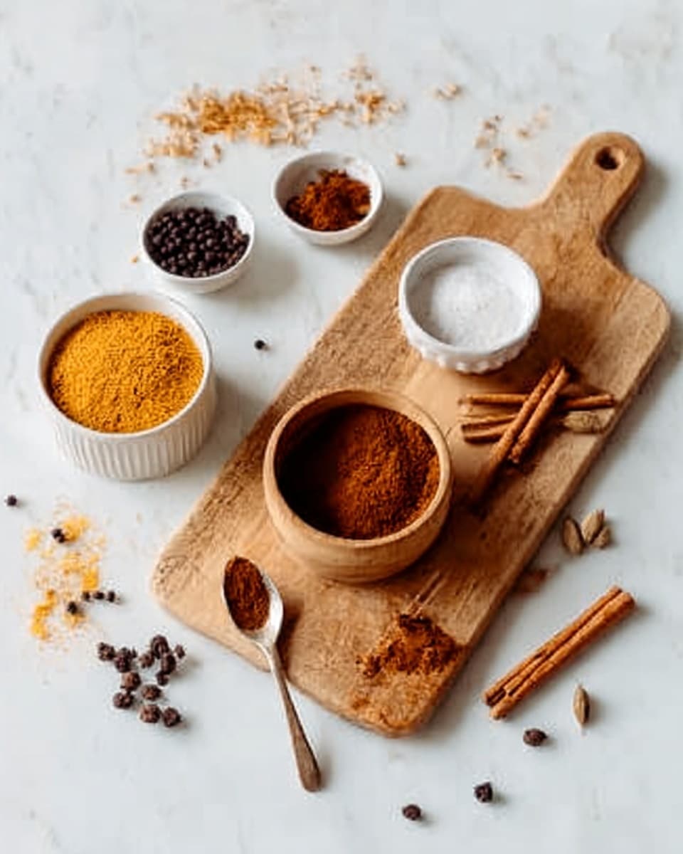 The image shows a wooden board on a white marbled surface with several small white bowls around it, each holding different ingredients. On the board, there is a small wooden bowl with a brown powder and cinnamon sticks placed on the top right and bottom edges. To the left, a white bowl filled with a reddish-brown spice sits next to a spoon filled with a yellow-orange grain. Scattered cloves and nutmeg are also visible on the surface. The photo is taken with an iphone --ar 4:5 --v 7