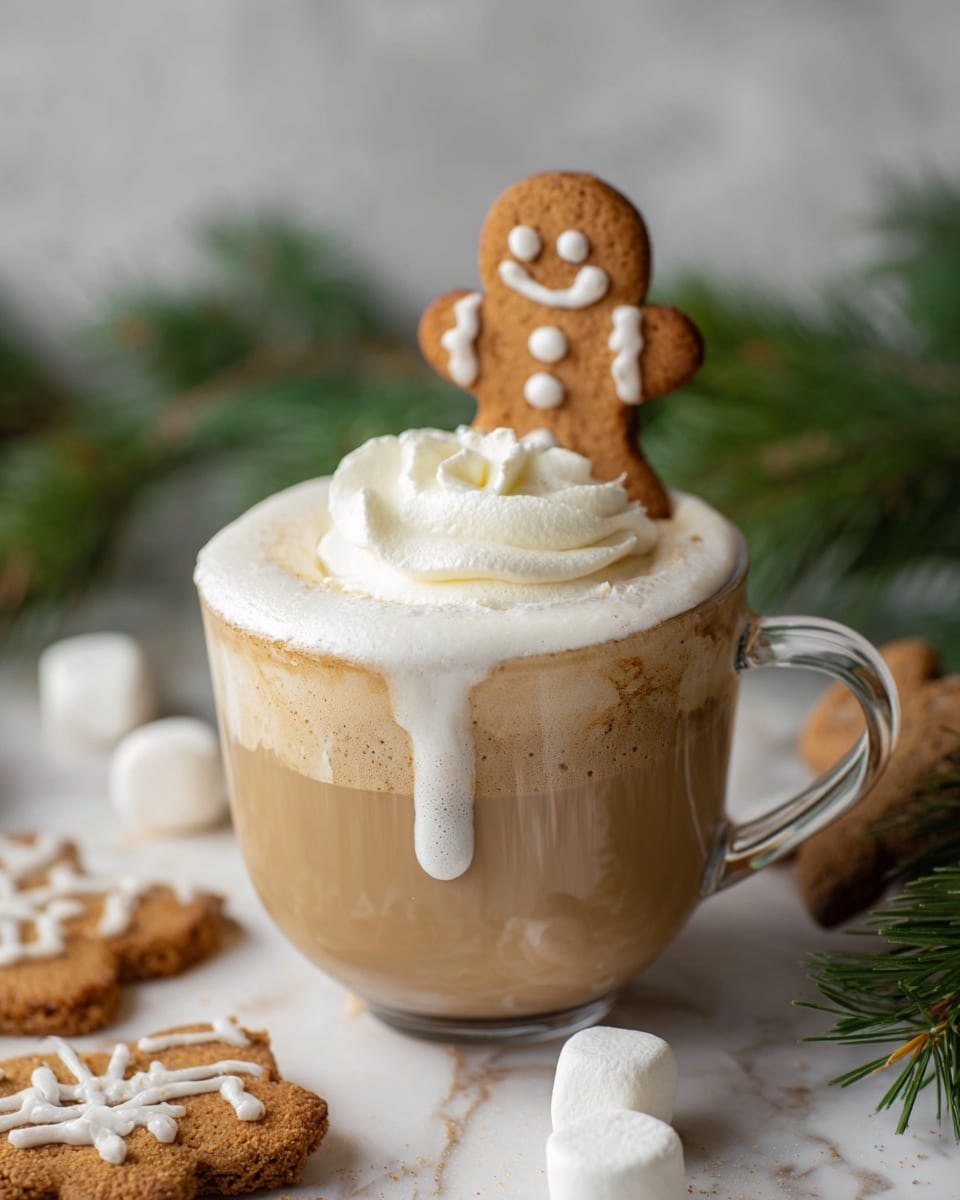 The image shows a clear glass cup filled with a light brown coffee drink topped with a thick layer of white frothy foam that flows slightly over the sides. On top of the foam, there is a swirl of whipped cream and a small gingerbread cookie shaped like a smiling person, with white icing details on the face, buttons, and arms, standing at the back edge of the cup. The cup is placed on a white marbled surface, with more gingerbread cookies and mini marshmallows scattered around. In the background, there are blurred green pine branches adding a festive feel. Photo taken with an iphone --ar 4:5 --v 7