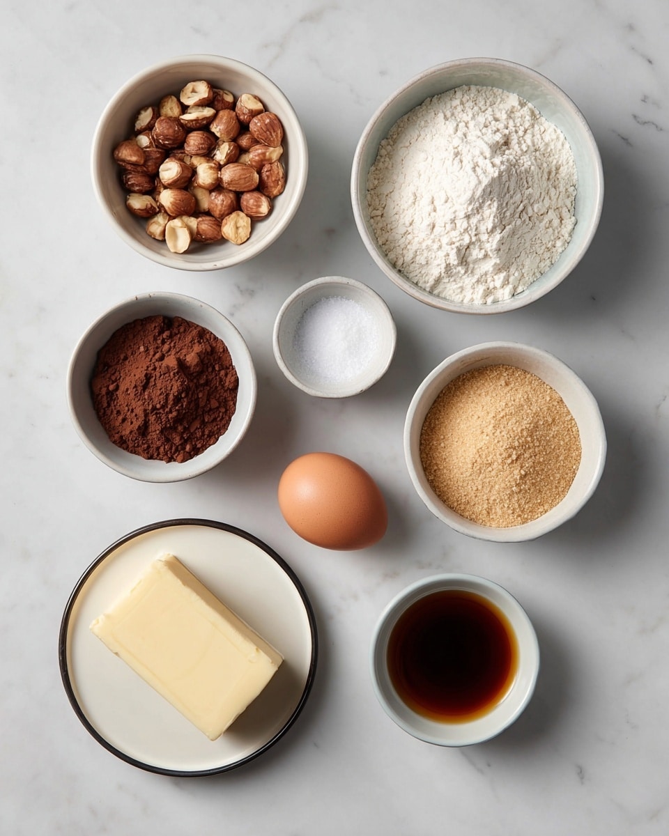 The image shows seven small white bowls and one white plate with different ingredients arranged on a white marbled surface. At the top left, a bowl is filled with light to dark brown nuts. To its right, a bowl holds white flour with a slightly rough texture. Below the nuts, a bowl contains fine white sugar, and next to it is a smaller bowl filled with dark brown cocoa powder. To the right, a bowl is full of light brown sugar with a grainy texture. Below, a single brown egg is placed on the surface. At the bottom left, a white plate with a dark rim holds a solid pale yellow stick of butter. On the bottom right, a bowl with a small amount of vanilla extract with a smooth, dark amber color sits on the surface. photo taken with an iphone --ar 4:5 --v 7