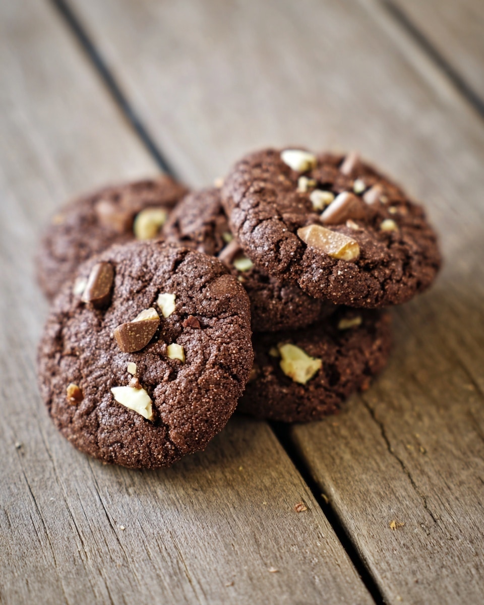 A small pile of five round chocolate cookies with rough texture rests on a wooden table. Each cookie has a dark brown color and is topped with small pieces of light-colored nuts or almond flakes scattered unevenly on the surface. The cookies look crunchy with slight cracks, and some have visible chunks of nuts inside. The wooden surface has thin cracks and lines running through it, giving a rustic feel. photo taken with an iphone --ar 4:5 --v 7