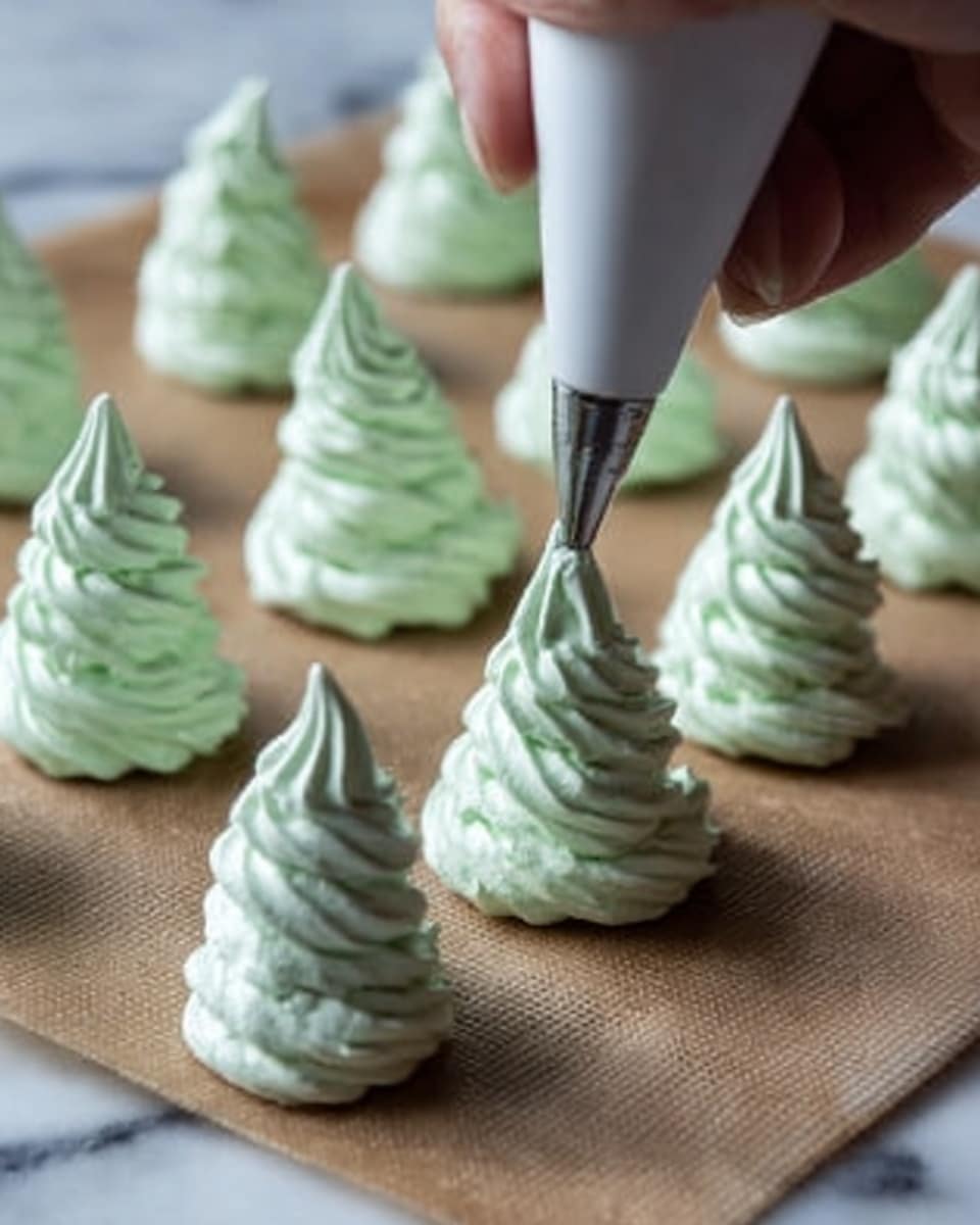 The image shows small, light green meringue shapes being piped onto a brown baking sheet lined with parchment paper. Each meringue has many soft, wavy layers stacked on top of each other, forming a cone shape that looks like a tiny tree or swirl. A woman's hand is holding a white piping bag with a metal tip, carefully squeezing the fresh meringue mixture to create delicate ridges. The background surface is a white marbled texture. Photo taken with an iphone --ar 4:5 --v 7