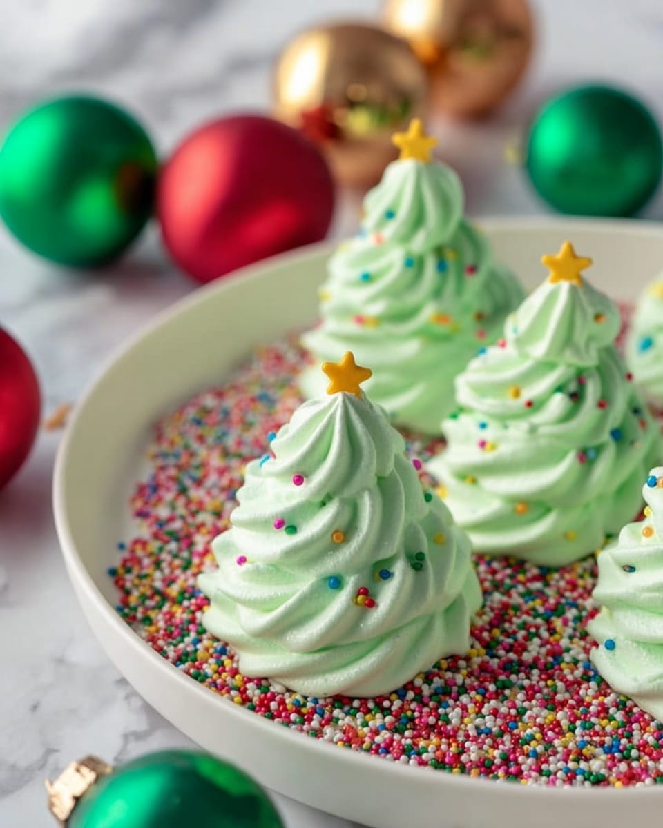 The image shows small Christmas tree-shaped meringue cookies that are light green in color with a soft, swirled texture and topped with tiny colorful round sprinkles and small yellow star decorations. These meringue trees are arranged on a white plate that is covered with a thick layer of multicolored round sprinkles creating a festive base. In the background, there are blurred shiny Christmas ornaments in gold, red, and green colors resting on a white marbled surface. The whole scene is bright and clean, with a focus on the delicate meringue trees in the center. photo taken with an iphone --ar 4:5 --v 7