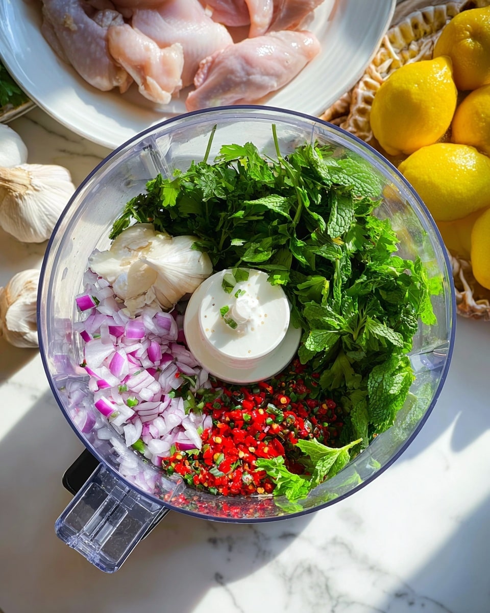 A clear food processor bowl filled with vibrant fresh ingredients: at the bottom, there are light purple onion slices and whole garlic cloves; on one side, a bright white dollop of creamy cheese; on the other, a pile of finely chopped red chili peppers with seeds scattered; and on top, a bunch of fresh green parsley leaves and mint sprigs covering part of the bowl. The food processor sits on a white marbled surface, with a white plate of raw chicken pieces and a cluster of yellow lemons in the background. Shadows and natural light create a bright and fresh kitchen atmosphere. photo taken with an iphone --ar 4:5 --v 7