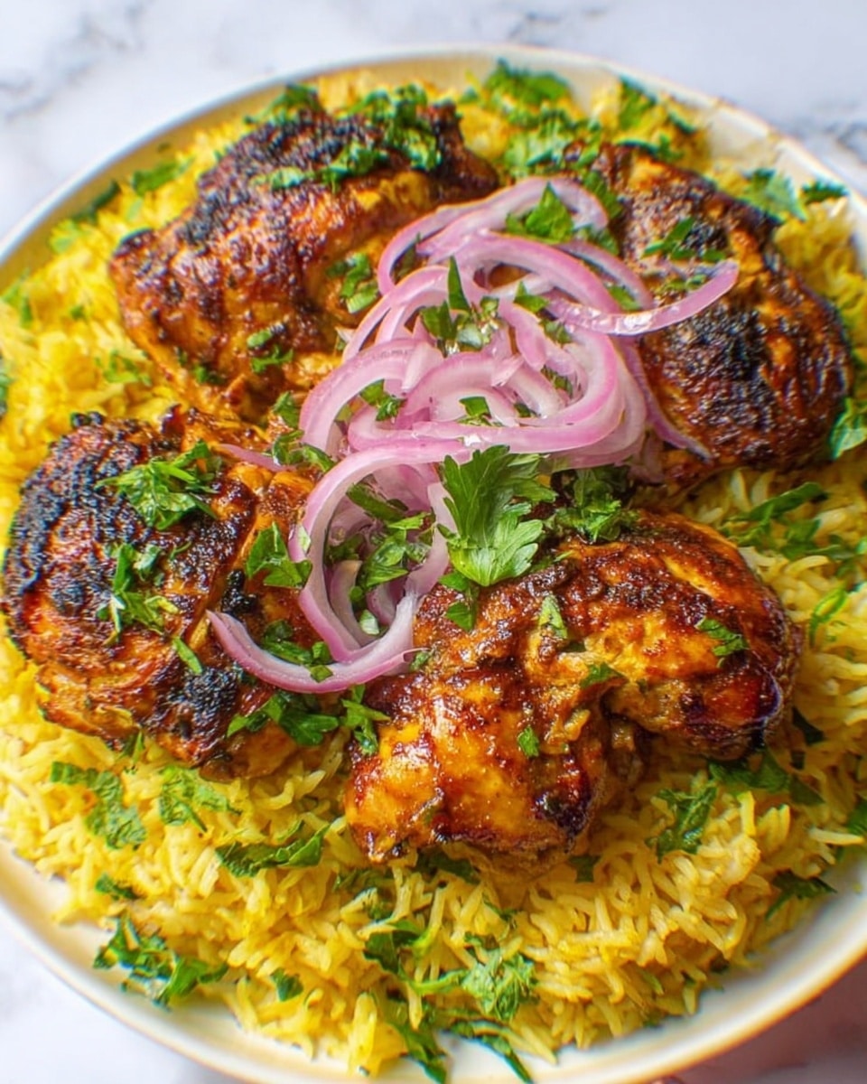 The image shows three golden-brown grilled chicken pieces placed on a bed of yellow rice with visible herbs mixed in. On top of the chicken, there are thin slices of red onion and fresh green parsley leaves scattered for garnish. The colors contrast well, with the crispy, slightly charred texture of the chicken against the soft, fluffy rice. The dish is served on a white plate, set on a white marbled surface. A woman's hand is seen gently touching the edge of the plate. Photo taken with an iphone --ar 4:5 --v 7