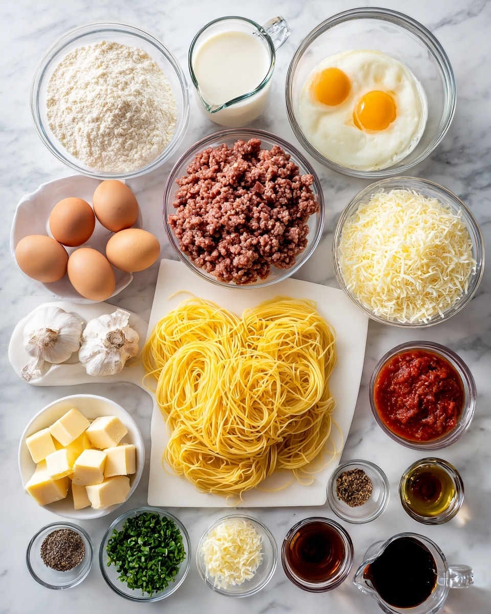 The image shows many clear glass bowls and a white cutting board on a white marbled surface. On the cutting board, there is a pile of uncooked yellow spaghetti lying flat. Around the board are various ingredients: a large bowl with raw ground meat, a bowl of chopped white onions, a cup of milk, a bowl of grated cheese, three whole brown eggs, small bowls with black pepper, salt, and other spices, small piles of butter cubes, two small clear pitchers with dark and light liquids, small bowls with green herbs, garlic cloves, tomato paste, and tomato sauce. All ingredients are neatly arranged in a flat lay style, brightly lit. Photo taken with an iphone --ar 4:5 --v 7