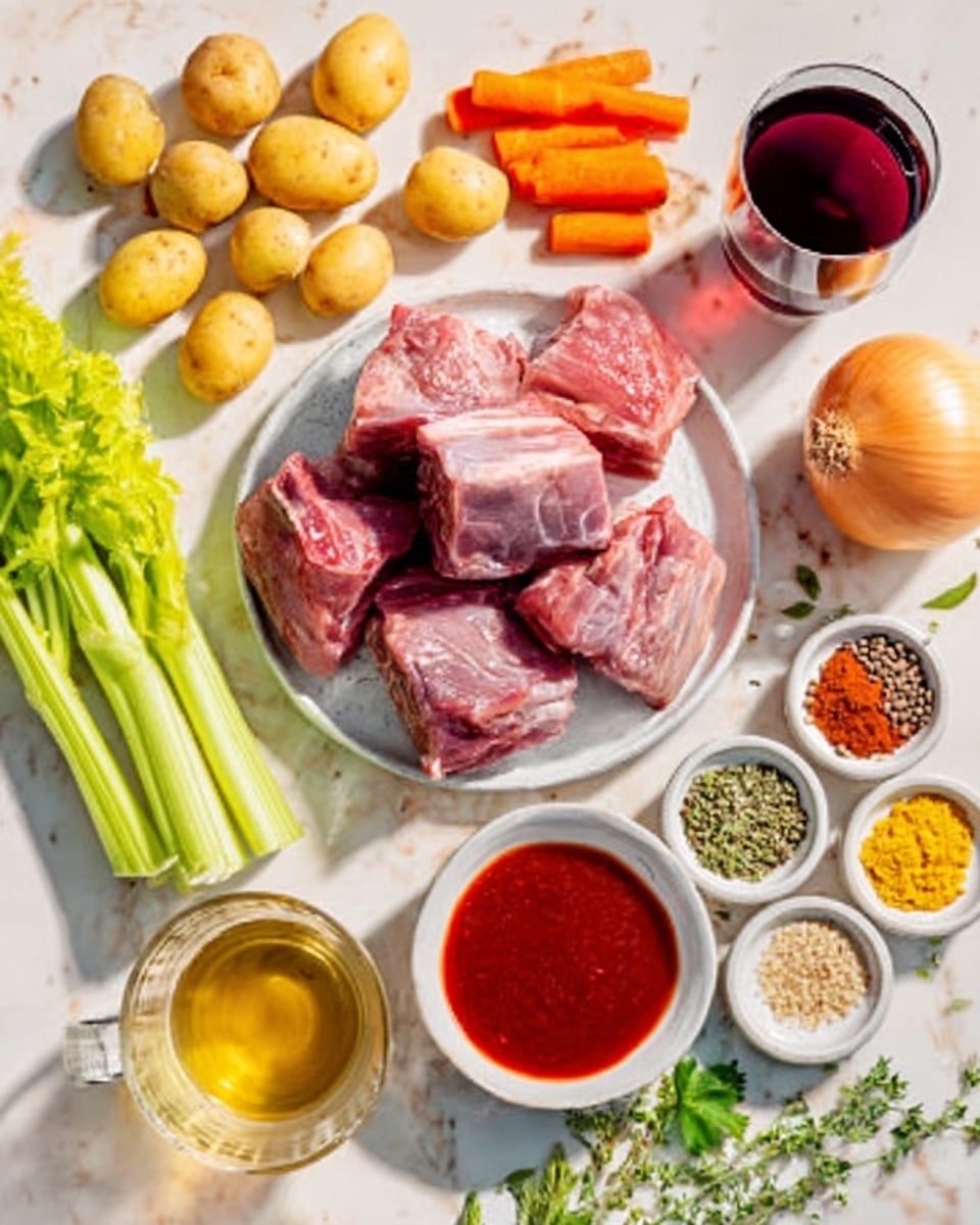 The image shows raw pieces of meat placed in the center on a white marbled surface, surrounded by various ingredients. On the left, there are small round potatoes with a smooth skin and a bunch of celery stalks with a bright green color. Next to them, there are orange carrot slices cut into small sticks. At the top right, there is a whole onion with a light brown skin. Nearby, there is a glass of red wine and several small white bowls filled with colorful spices, including red, green, and brown powders, along with salt and seeds. Below that, there is a white bowl of red sauce and fresh green herbs scattered around. A clear liquid in a glass cup is placed at the bottom left corner. The image is bright with soft natural light, set on a white marbled surface. photo taken with an iphone --ar 4:5 --v 7