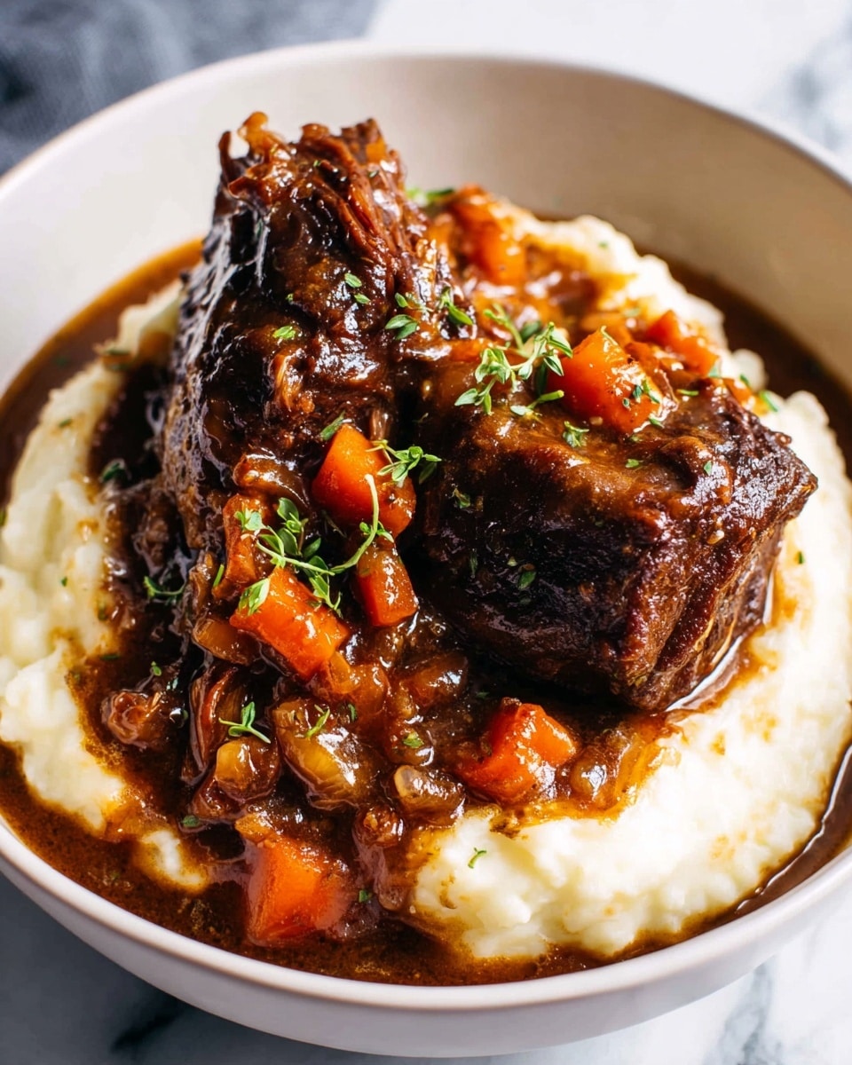 The image shows a bowl with two large pieces of dark brown, slow-cooked meat on top of a thick layer of creamy white mashed potatoes. The meat is covered with a rich, glossy brown sauce which contains small chunks of orange carrots and bits of translucent onions, sprinkled with small green herbs. The bowl is white and sits on a surface with a white marbled texture. photo taken with an iphone --ar 4:5 --v 7