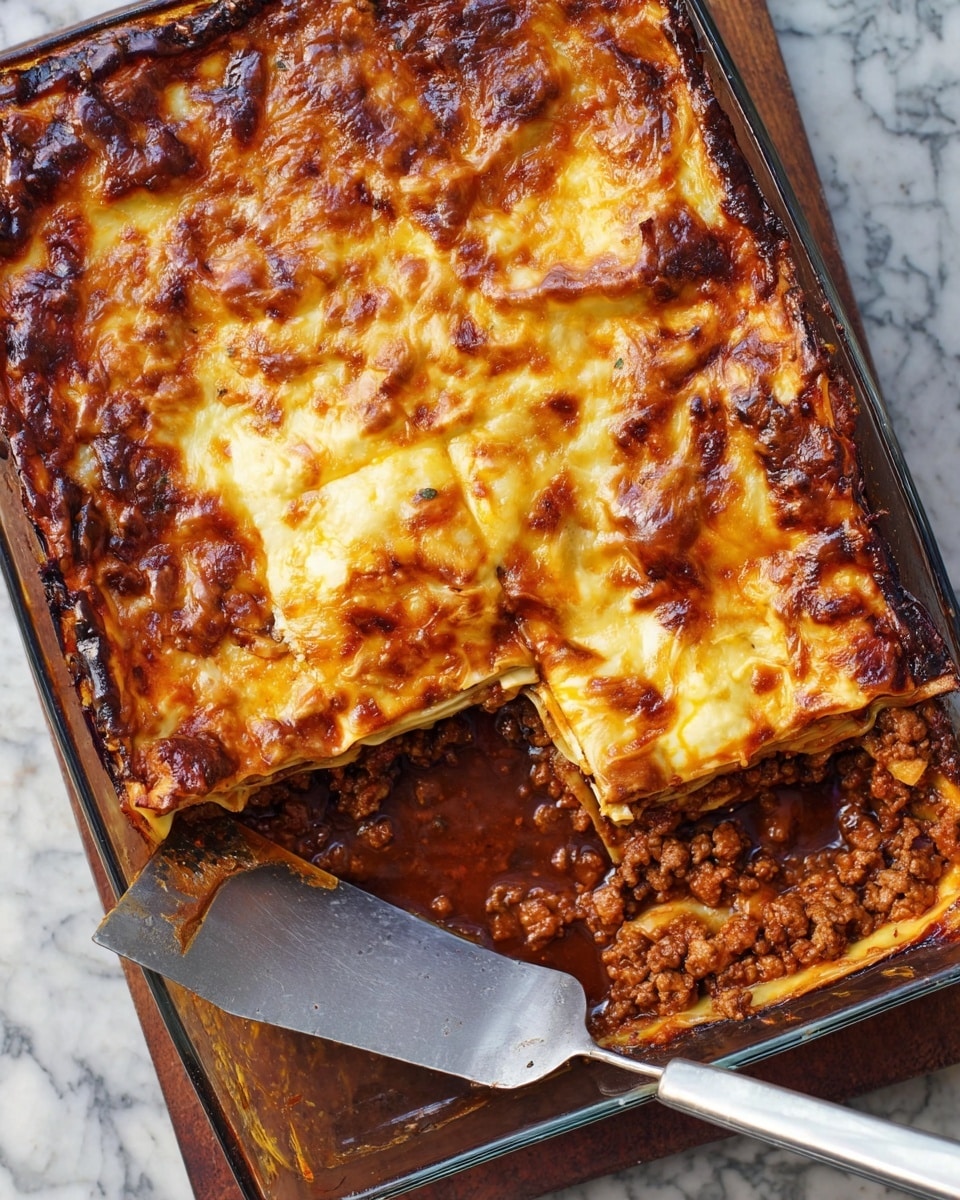 A rectangular glass baking dish shows a baked lasagna with a shiny, dark golden brown top layer of melted cheese that looks slightly crispy and browned in spots, covering the entire dish. One square portion has been removed from the bottom right corner, revealing the layers underneath: a deep red-brown layer of meat sauce mixed with cooked ground meat and small bits of herbs. The lasagna noodles form thin, light yellow layers above and below the meat sauce, visible at the edges of the sliced part. The dish is on a white marbled surface with a large metal spatula resting next to it, its handle pointing toward the bottom edge of the image. Photo taken with an iphone --ar 4:5 --v 7