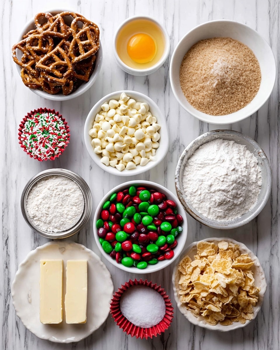 The image shows several white bowls and small fluted containers arranged on a white marbled surface. From top to bottom, right to left, there is a white bowl with broken pretzel pieces in light brown color with some salt, a white bowl full of light brown brown sugar that has a small scoop pattern on top, and a white bowl filled with white chocolate chips. Below them is a small silver fluted container with coarse salt, a white bowl filled with red and green M&M candies, a large white bowl with white sugar, and small white fluted containers with baking soda, cornstarch, and another white powder. On the left side, there is a white bowl with two raw egg yolks, a white bowl full of flour, a small red fluted container with red and green sprinkles, and a white plate with three sticks of butter in pale yellow. At the bottom right, there is a white bowl filled with golden brown crushed cornflakes. The setup is bright and clean with all ingredients displayed neatly. photo taken with an iphone --ar 4:5 --v 7