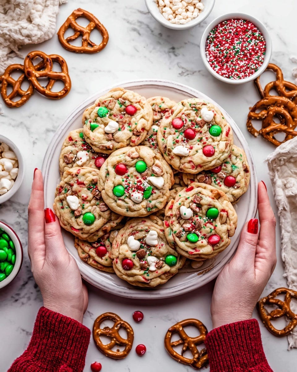 A white plate stacked with twelve round cookies, each cookie is light brown with a soft texture and topped with red and green candy-coated chocolate pieces, white chips, small pretzel pieces, and red and green sprinkles spread evenly. The plate is placed on a white marbled surface with a few extra pretzels scattered around. Two woman's hands with red nail polish hold the plate, one on each side. Nearby are small white bowls filled with red and green candy-coated chocolates, white chips, and pretzels. photo taken with an iphone --ar 4:5 --v 7