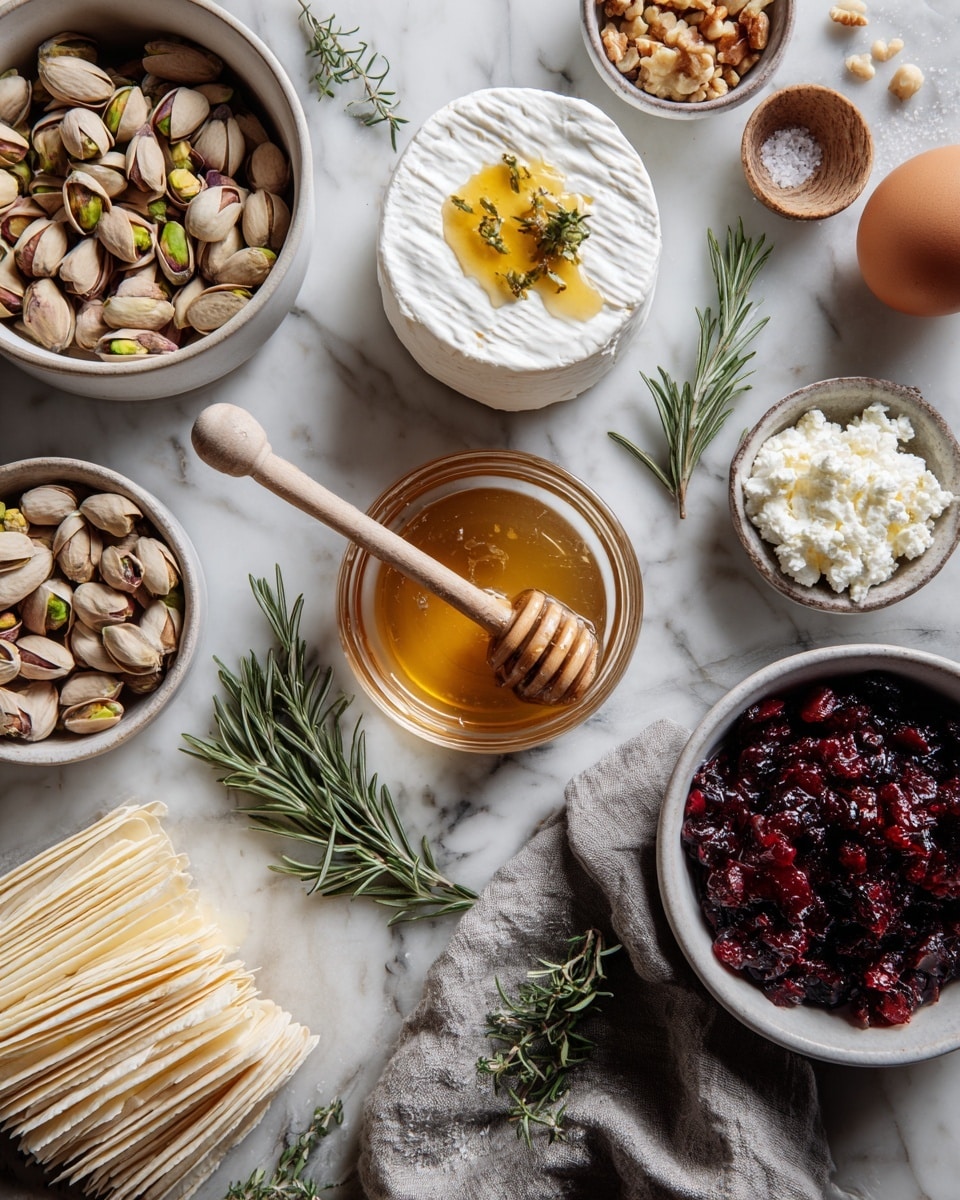 A top view of various cooking ingredients arranged on a white marbled surface includes several small white bowls with different contents: one bowl holds shelled pistachios topped with a small sprig of rosemary, another contains a round wheel of soft white cheese with a small pool of golden honey in the middle, there is a bowl with juicy dark red berries, one bowl has a white crumbly cheese, and a small bowl contains mixed nuts and salt. In the center is a glass bowl filled with thick honey and a wooden honey dipper resting inside. Nearby are a few loose pistachios, a brown egg, a bundle of thin, off-white layered dough sheets on a gray cloth, and fresh sprigs of rosemary scattered around. Photo taken with an iphone --ar 4:5 --v 7
