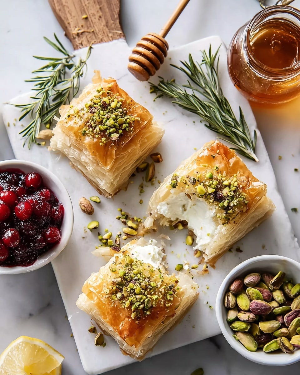 Three square pieces of golden-brown layered pastry topped with crushed green pistachios are placed on a white marbled surface. Each pastry has multiple thin, flaky layers with a creamy white filling inside. One piece is broken open to show its soft, white center. Around the pastries, there are sprigs of green rosemary, a small white bowl of bright red cooked cranberries, another small white bowl filled with whole green pistachios, and a glass jar of honey with a slice of lemon inside. A wooden honey dipper rests nearby. Everything is set on a clean white marbled surface. photo taken with an iphone --ar 4:5 --v 7
