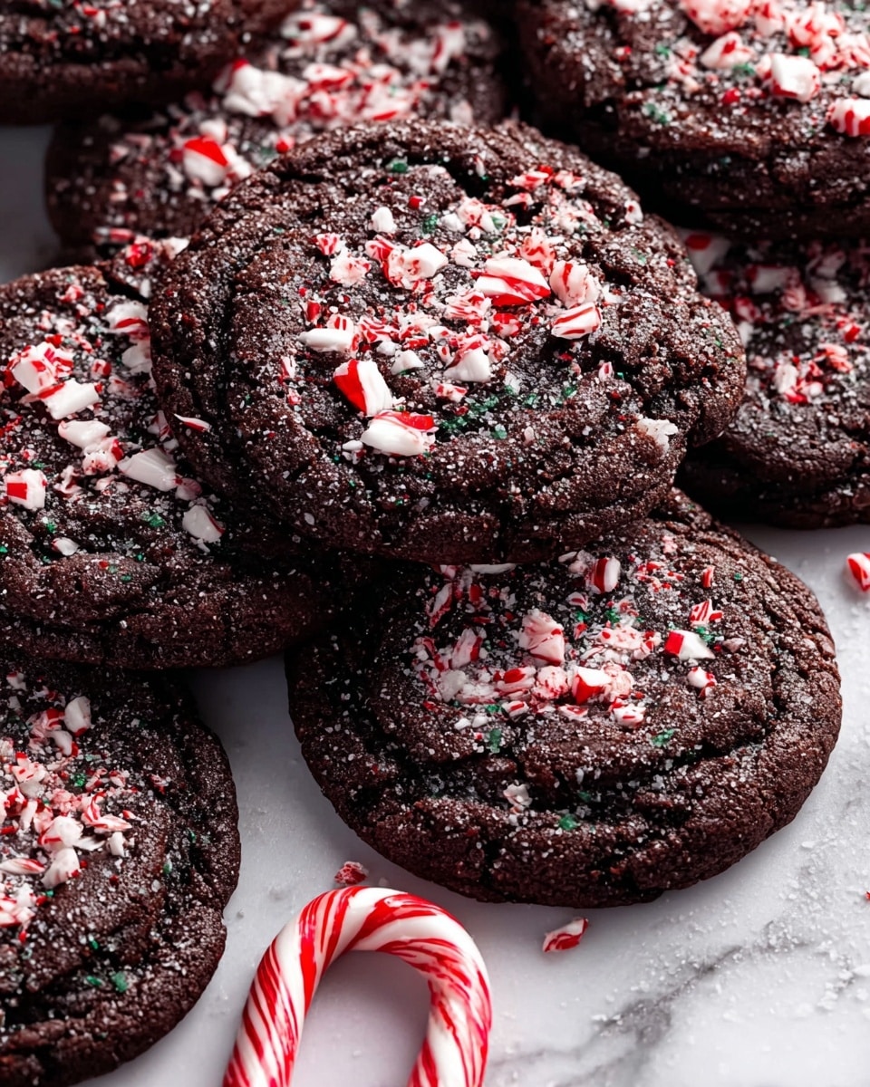 A close-up view shows a pile of dark chocolate cookies topped with crushed red and white peppermint candy pieces, creating tiny colorful spots across the rough textured surface. The cookies are thick and chewy with slight cracks and crevices on top. They are all placed tightly together on a white marbled surface. A whole peppermint candy stick is placed near the edge of the cookies, adding a fresh festive touch. Photo taken with an iphone --ar 4:5 --v 7