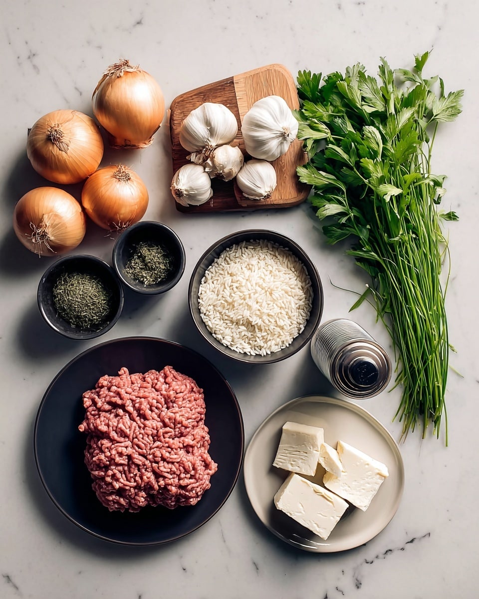 A set of cooking ingredients is arranged on a white marbled surface. On the left, there is a small stack of light brown onions. Above them, a cluster of garlic bulbs is placed near two small black bowls, one holding dried green herbs and the other containing raw ground meat with a pinkish red color and a textured, curly surface. Next to the meat, a white bowl is filled with small, white grains of rice. To the right, a white plate has a few chunks of white cheese with a crumbly texture. Near the top right, fresh green herbs with long stems and leafy tops lie on a small wooden board. A bottle with a black cap and two closed metal cans are also included near the onions. The photo taken with an iphone --ar 4:5 --v 7