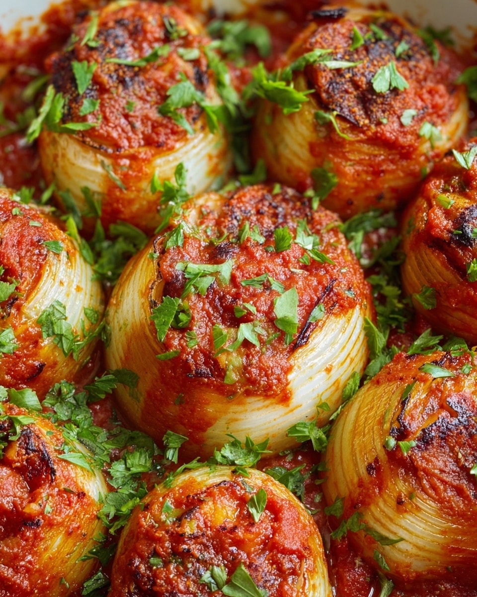 The image shows a close-up view of several round stuffed onions arranged tightly together on a white marbled surface, each onion having a slightly golden-brown outer layer with visible char marks. The stuffing inside is covered with a thick layer of rich red tomato sauce, which clings to the onions in a textured, luscious way. Bright green chopped parsley is generously sprinkled over the top, adding a fresh pop of color and a slight leafy texture that contrasts with the smooth tomato sauce and tender onions. The whole spread looks warm and inviting, with a soft shine on the tomato sauce and herbs. photo taken with an iphone --ar 4:5 --v 7