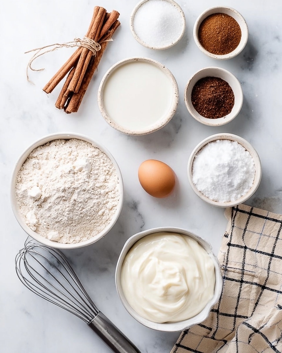 The image shows various baking ingredients arranged neatly on a white marbled surface. There is a small bundle of cinnamon sticks tied with twine on the left side near a metal whisk. At the center, a single egg is placed between a small white bowl of milk and a medium white bowl filled with flour, which has a slightly rough texture and some powder on top. Surrounding these are smaller white bowls containing brown sugar, white powdered sugar, and a dark brown spice, possibly cinnamon or nutmeg. A larger white bowl filled with a smooth, creamy white yogurt or sour cream is positioned at the bottom right near a folded beige and black checkered cloth. The setup is clean, organized, and bright, with natural light enhancing the soft colors. Photo taken with an iphone --ar 4:5 --v 7
