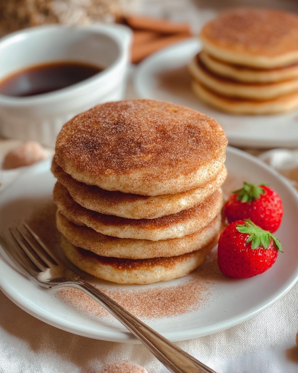 A stack of seven round pancakes sits in the center of a white plate on a white marbled surface, each pancake topped with a fine layer of cinnamon sugar giving them a light brown, slightly grainy texture. Two ripe strawberries with green leaves rest near the bottom right side of the plate. A silver fork lies diagonally on the left side of the plate. In the background, slightly out of focus, is another white plate holding a smaller stack of pancakes and a white ramekin filled with dark syrup. The cozy scene is softly lit and warm, creating a homely breakfast feel. Photo taken with an iphone --ar 4:5 --v 7