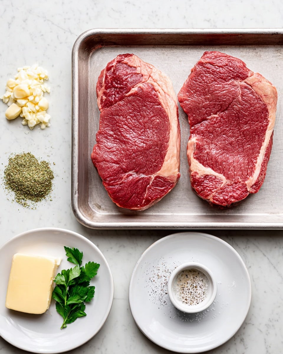 Two large raw red steaks with some white fat edges are placed side by side on a metal tray in the middle. To the left on a white plate, there is a small pile of chopped garlic, a pat of yellow butter, some green leaves, and a sprinkle of dried herbs arranged separately. On the right, another white plate holds a small white bowl with clear liquid, black pepper, and coarse salt scattered around it. The tray and plates sit on a white marbled surface. Photo taken with an iphone --ar 4:5 --v 7