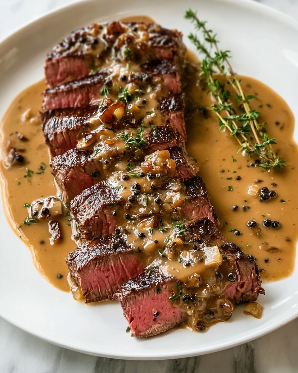 The dish shows a sliced steak arranged in a row on a white plate, with each piece revealing a pink center and a browned outer edge. The steak slices are covered with a light brown sauce that has visible small chunks, likely onions or mushrooms, and dotted with black peppercorns or herbs. The sauce pools under and around the steak, giving a glossy look. A sprig of green thyme is placed on top, adding a touch of color and freshness to the dish. The plate sits on a white marbled surface. photo taken with an iphone --ar 4:5 --v 7
