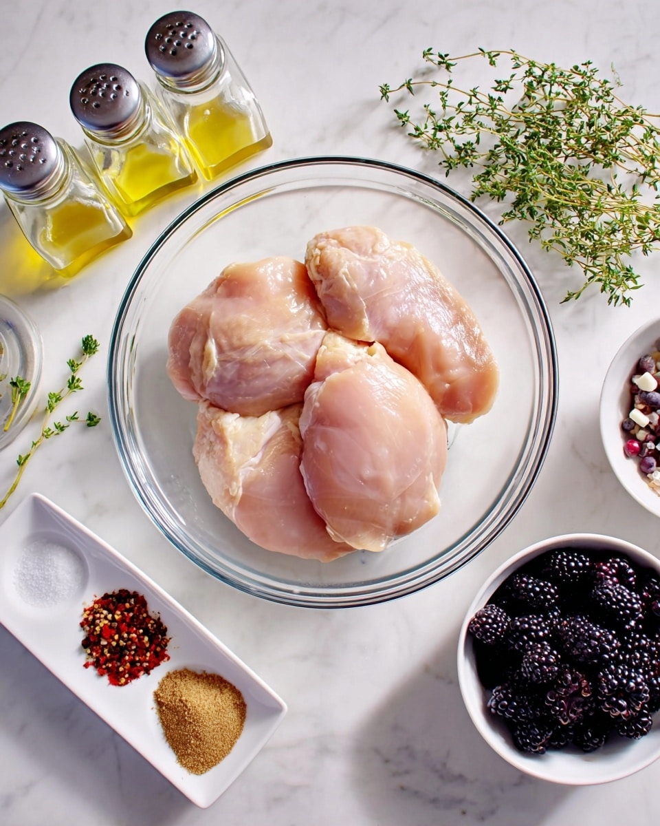 The image shows a clear glass bowl in the center holding five pieces of raw chicken with a pale pink color and smooth texture, layered closely together. Surrounding the bowl are small white bowls and containers on a white marbled surface: a white bowl with fresh green thyme sprigs on the top right, a white bowl filled with dark blackberries to the bottom right, a white three-section dish containing minced garlic, red and brown spices, and two brown sugar scoops on the bottom left. Above on the top left are two glass bottles of salt and pepper, and next to them are clear measuring cups with light yellow olive oil and a pale liquid on the top center and right. The whole setting is clean and bright, showing fresh ingredients carefully arranged, photo taken with an iphone --ar 4:5 --v 7