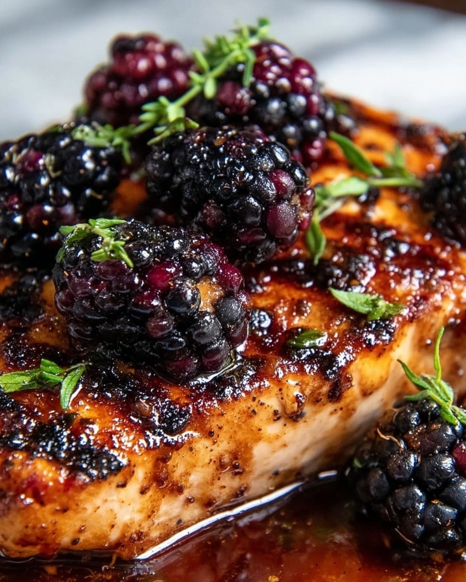 A white wooden plate holds one piece of cooked light brown chicken layered with a thick dark purple blackberry sauce that glistens in the light. On top of the sauce, there are four large, juicy blackberries with a shiny texture, scattered small green herb leaves add contrast on and around the chicken. Some blackberry sauce drips around the chicken, pooling on the plate. The background is a white marbled surface with a blurred wooden bowl filled with blackberries. A metal fork rests at the edge of the plate photo taken with an iphone --ar 4:5 --v 7