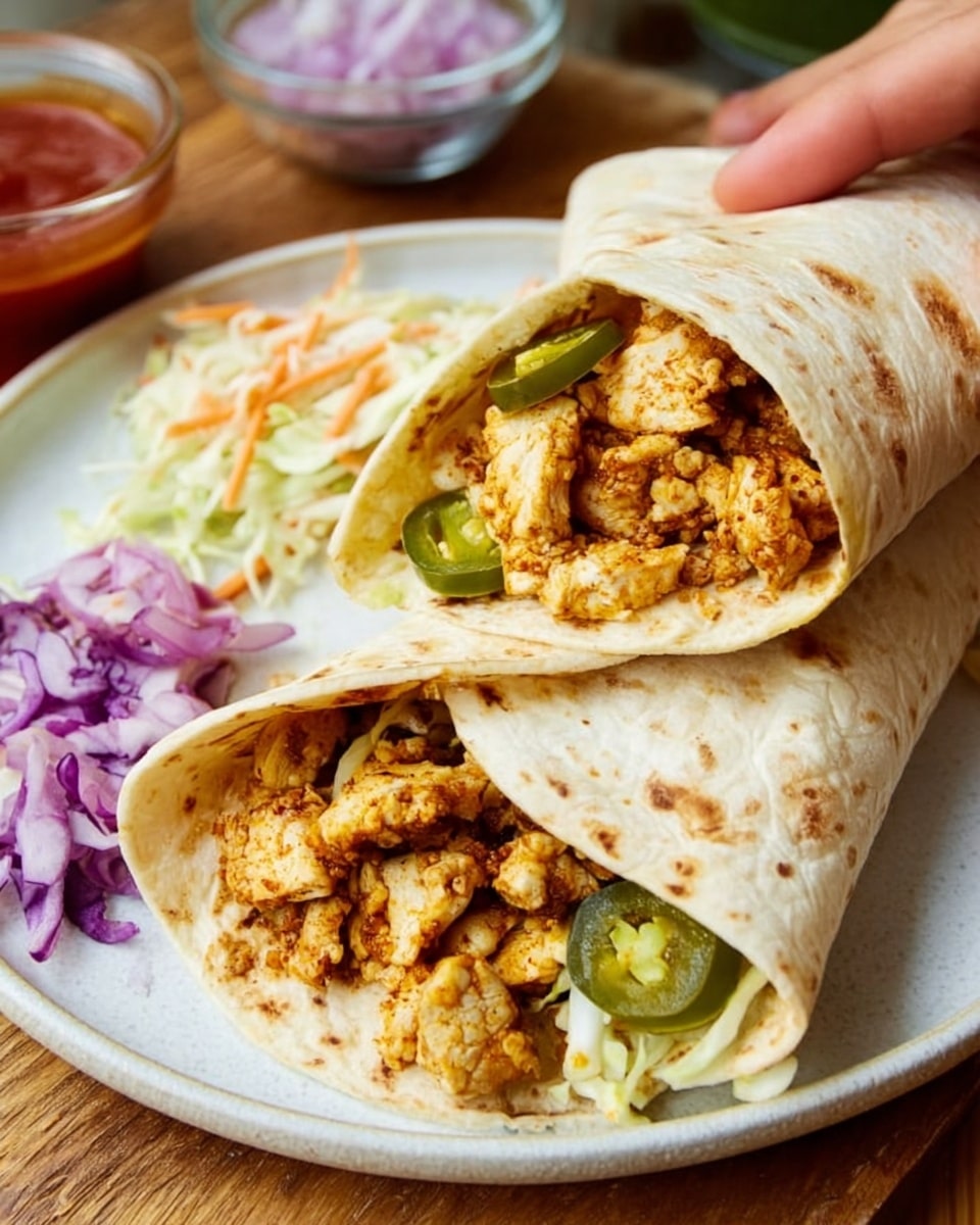 The image shows a white plate with two soft flour tortillas stacked on top of each other. The top tortilla is folded to show the filling inside, which includes light brown cooked pieces with a crumbly texture, green slices of pickled jalapeños, and some shredded light green and orange vegetables. On one side of the plate, there is a small pile of chopped purple onions and creamy coleslaw made of thinly sliced cabbage and carrot strands. The plate rests on a wooden surface with a small bowl of red sauce and a clear bowl of chopped purple onions in the background. A woman's hand lightly touches the upper tortilla. Photo taken with an iphone --ar 4:5 --v 7