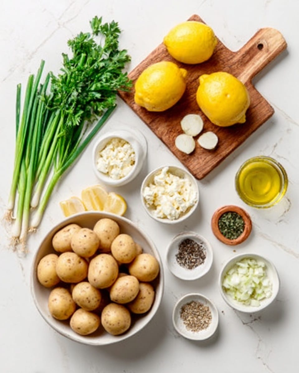 The image shows a white bowl filled with small round light brown potatoes, placed on a white marbled surface. Next to the bowl, there is a wooden cutting board with two halved yellow lemons, a bunch of fresh green parsley, and several long green onions arranged neatly. Around these, small white bowls contain minced garlic and crumbled white cheese, while a small glass container holds golden olive oil. A white bowl with a mix of black and white pepper stands nearby. The scene is bright and clean, focused on fresh ingredients arranged for cooking, photo taken with an iphone --ar 4:5 --v 7