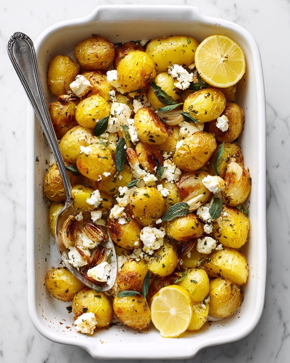 A white baking dish filled with many small pieces of roasted yellow potatoes that have a light brown, slightly crispy skin. Scattered throughout are soft, crumbly white cheese bits that stick to the potatoes. There are also a few whole garlic cloves and small green herb leaves spread on the top. In one corner of the dish, there are three bright yellow lemon wedges. A silver spoon rests inside the dish on the left side. The surface under the dish is white with a marbled texture. photo taken with an iphone --ar 4:5 --v 7