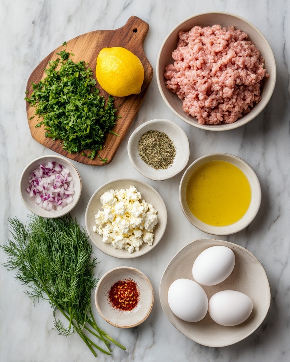 The image shows a white marbled surface with ingredients neatly arranged for cooking. On the left, a small wooden board holds fresh green herbs including dill and parsley. Above it is a whole yellow lemon. To the right, small white bowls contain finely chopped red onions, minced garlic, dried oregano, salt, and red chili flakes. Below them, a small white bowl holds crumbled white cheese, and next to that, a bowl contains golden olive oil. Toward the right side, a white bowl holds two whole white eggs, and next to it, a larger white bowl is filled with pale pink ground meat. All items are spaced evenly and clearly visible, presenting a clean and organized look. photo taken with an iphone --ar 4:5 --v 7