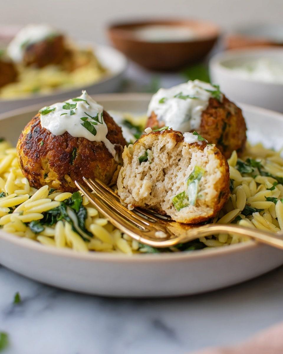 The image shows a white plate with golden-brown fried balls on a bed of yellow orzo pasta mixed with green leafy vegetables. One ball is cut in half, revealing a soft, light beige inside with small green herbs, and is topped with a dollop of white creamy sauce. A gold fork is inserted into the cut ball, with another whole ball in the background. The plate is placed on a white marbled surface with some out-of-focus bowls in the background. Photo taken with an iphone --ar 4:5 --v 7