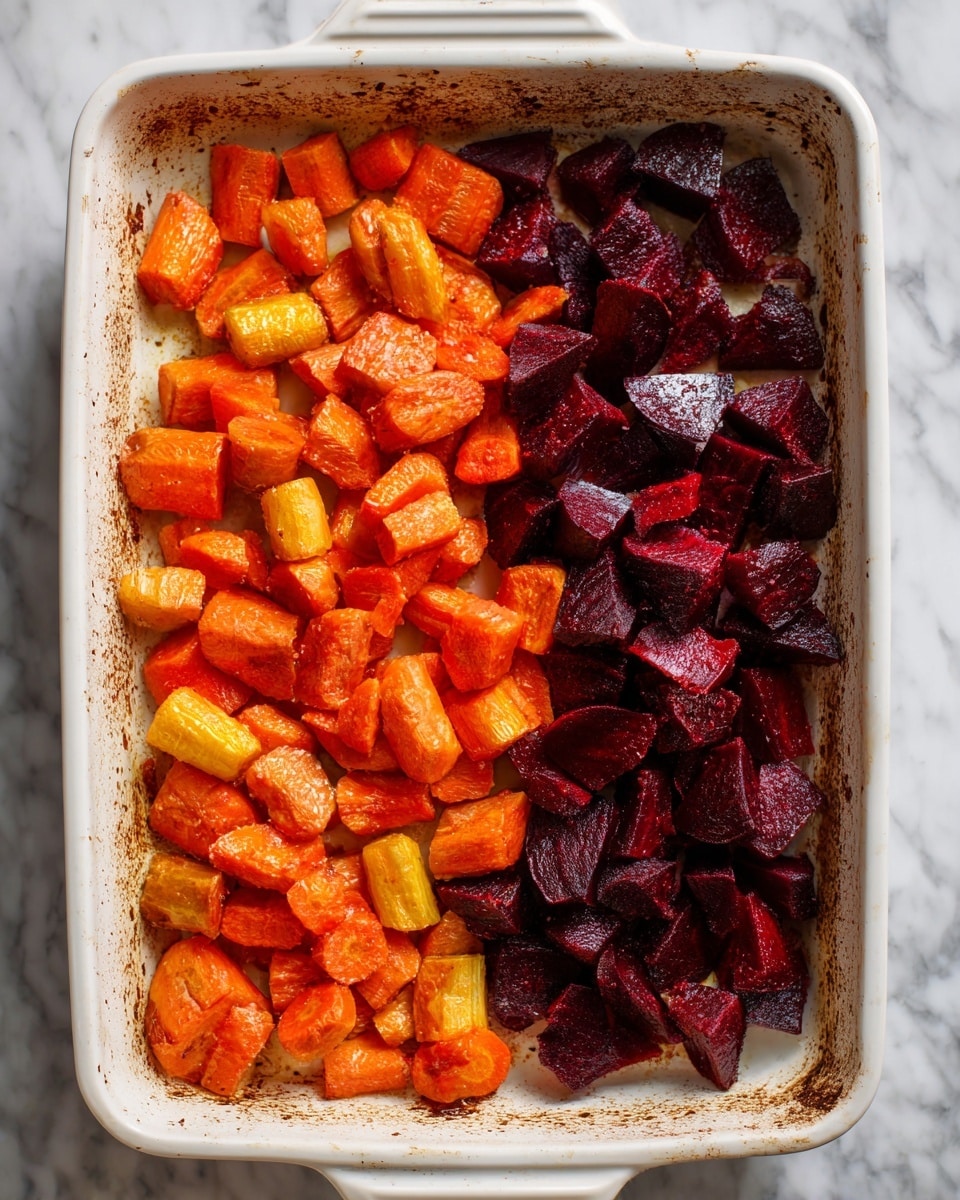 A white baking dish holds two types of roasted vegetables separated into two sections. One section is filled with bright orange carrot pieces that are soft with slight browning and a shiny texture. The other section has dark red beet chunks that are glossy and rich in color, showing a baked texture with wrinkled, slightly charred edges. The baking dish shows some browned, crispy marks from roasting, and the background is a white marbled texture. Photo taken with an iphone --ar 4:5 --v 7