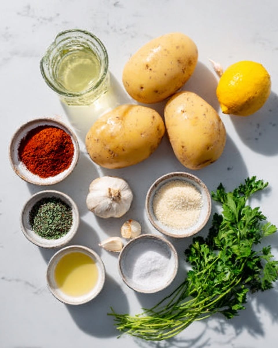 The image shows a white marbled surface with several fresh ingredients neatly placed on it. There are five medium-sized yellow potatoes in the center, surrounded by small white cups and bowls containing red powder, black pepper, green herbs, white powder, garlic cloves, and a light yellow liquid. A bottle of clear greenish oil and a whole lemon are positioned nearby. Fresh green parsley leaves are visible in the top right corner. The scene is brightly lit, creating soft shadows under each item. Photo taken with an iphone --ar 4:5 --v 7