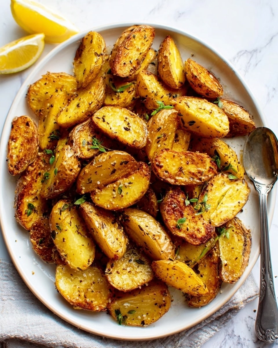 A white plate filled with roasted fingerling potatoes, each potato piece golden brown with crispy edges and a slightly rough texture. The potatoes are sprinkled with small green herbs and some coarse seasoning, scattered evenly across the dish. A silver spoon rests on the right side of the plate, and the plate is set on a white marbled surface. A lemon wedge is partially visible at the top left of the image. photo taken with an iphone --ar 4:5 --v 7