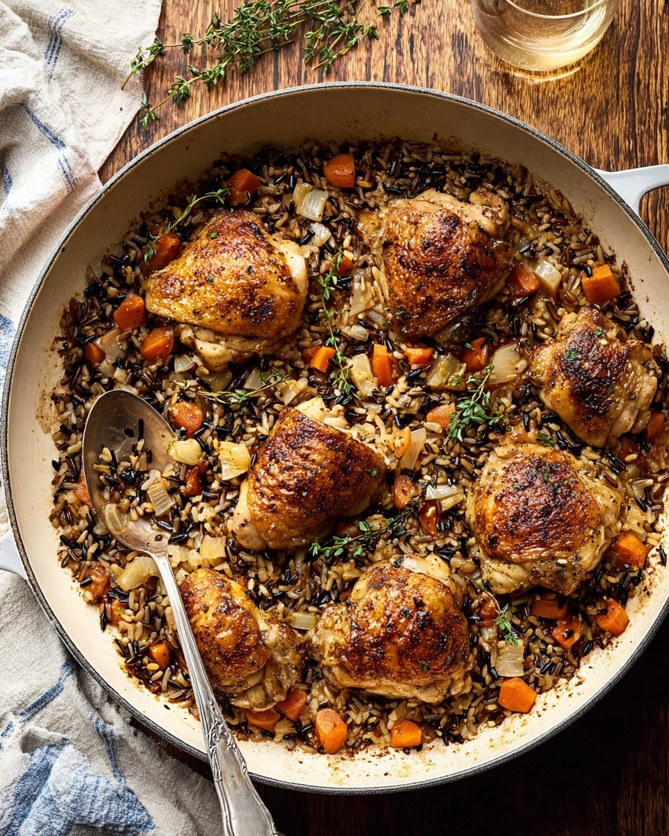 In a round white pan, five golden-brown roasted chicken pieces sit on top of a mix of cooked grains and vegetables. The grains are a mix of light beige rice and wild black rice, with small chunks of orange carrots and pale yellow diced vegetables scattered evenly. Fresh green thyme leaves are sprinkled over the top. A silver spoon rests inside the pan on the left side. The pan is set on a wooden table with a white and blue striped cloth nearby, and a glass of light-colored drink is in the upper right corner. The photo taken with an iphone --ar 4:5 --v 7