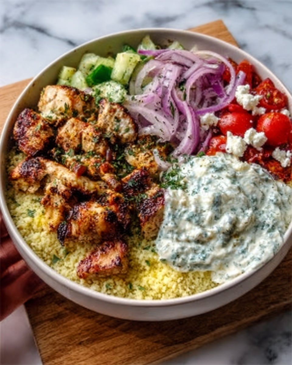 The dish shows a white bowl filled with several colorful layers arranged side by side. One section has light yellow couscous as the base, topped with grilled pieces of golden brown chicken seasoned with spices and herbs. Next to it, there's a creamy white sauce with green herbs mixed in, giving it a thick texture. Another part of the bowl contains bright red chopped tomatoes, and beside that are thin slices of purple onion. Small pieces of white cheese are sprinkled on top near the onions. The bowl is set on a white marbled surface with a woman's hand holding some food in the background. Photo taken with an iphone --ar 4:5 --v 7