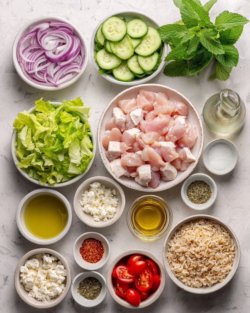 The image shows many ingredients arranged neatly on a white marbled surface. There is one large white bowl with raw pink chicken pieces in the center. To the bottom left, a white bowl filled with chopped fresh green lettuce, and to the bottom right, a white bowl filled with cooked brown rice. At the top left, a white bowl loaded with thin cucumber slices, next to it a white bowl with thinly sliced purple onions. Below the cucumbers, a white bowl with red cherry tomatoes, cut in halves. Around these main bowls are small white bowls and containers with various seasonings and sauces, including crumbled white cheese, dried herbs, red spices, black pepper, honey, and oil in a clear glass bottle. Fresh green mint leaves are also visible at the top. photo taken with an iphone --ar 4:5 --v 7